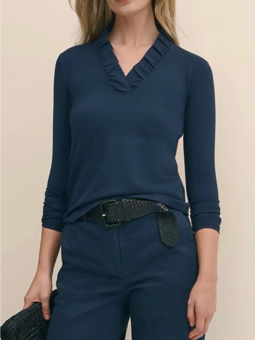 NWOT Brooks Brothers Women’s Ruffle V-Neck Long Sleeve Top, Navy, L
